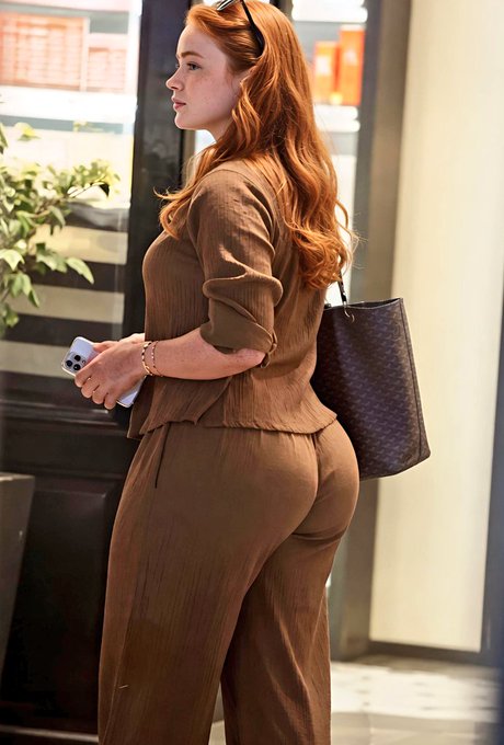 A woman in a textured brown outfit poses in profile against a blurred interior, holding a smartphone.