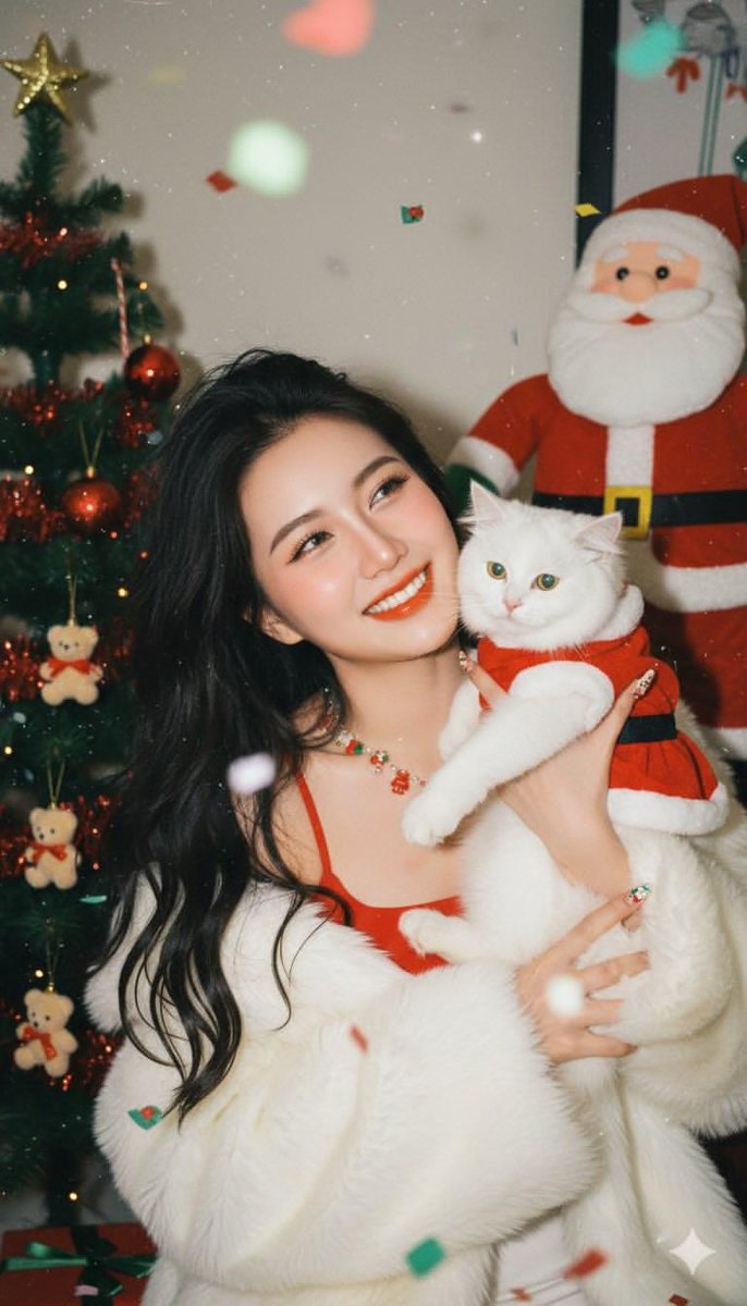 A young Asian woman in a red spaghetti-strap top and fluffy white coat, posing with a peace sign at a Christmas party, with a festive atmosphere.