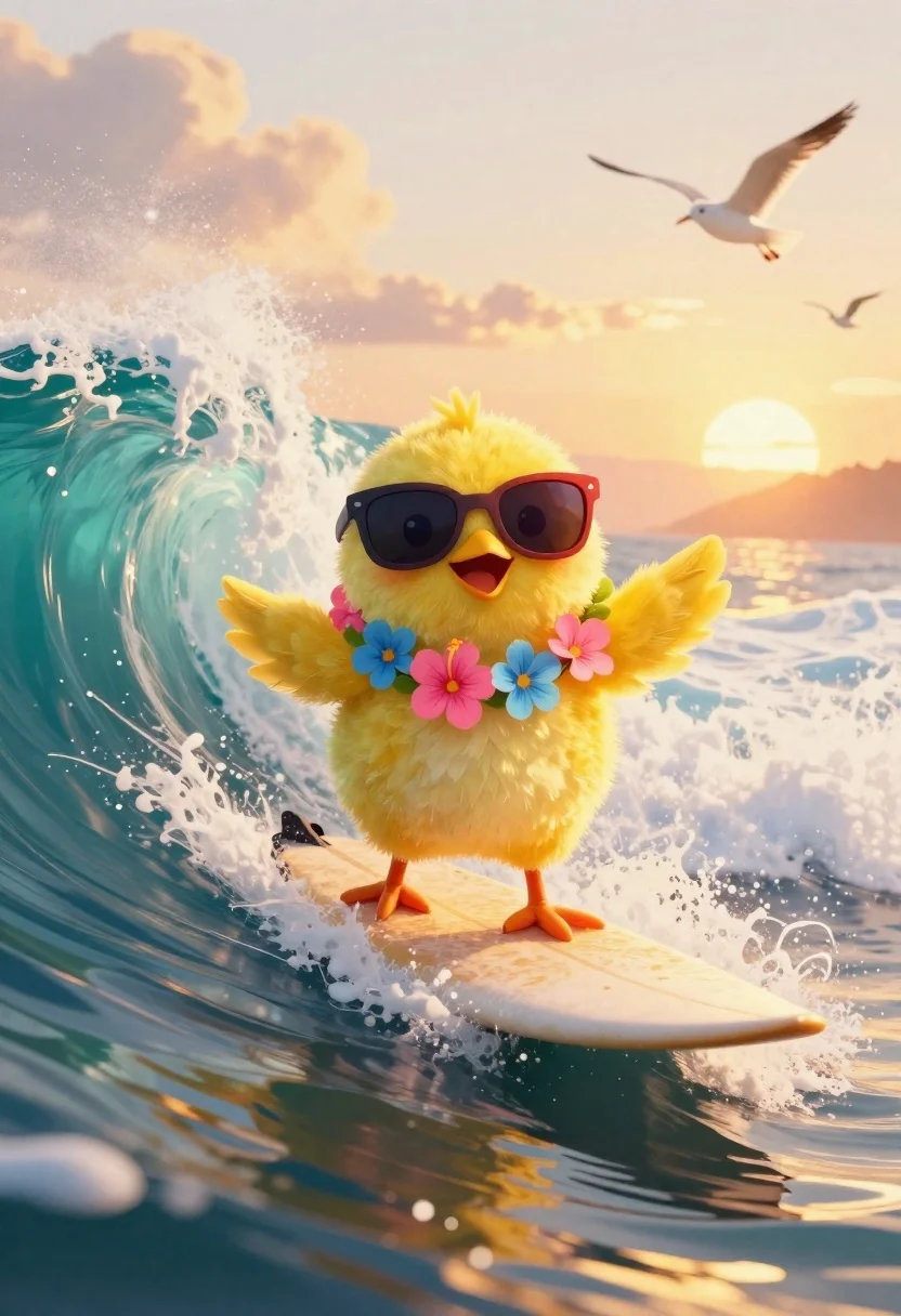 Digital Illustration Vibrant Yellow Chick Surfing Curling Ocean Wave During reference photo