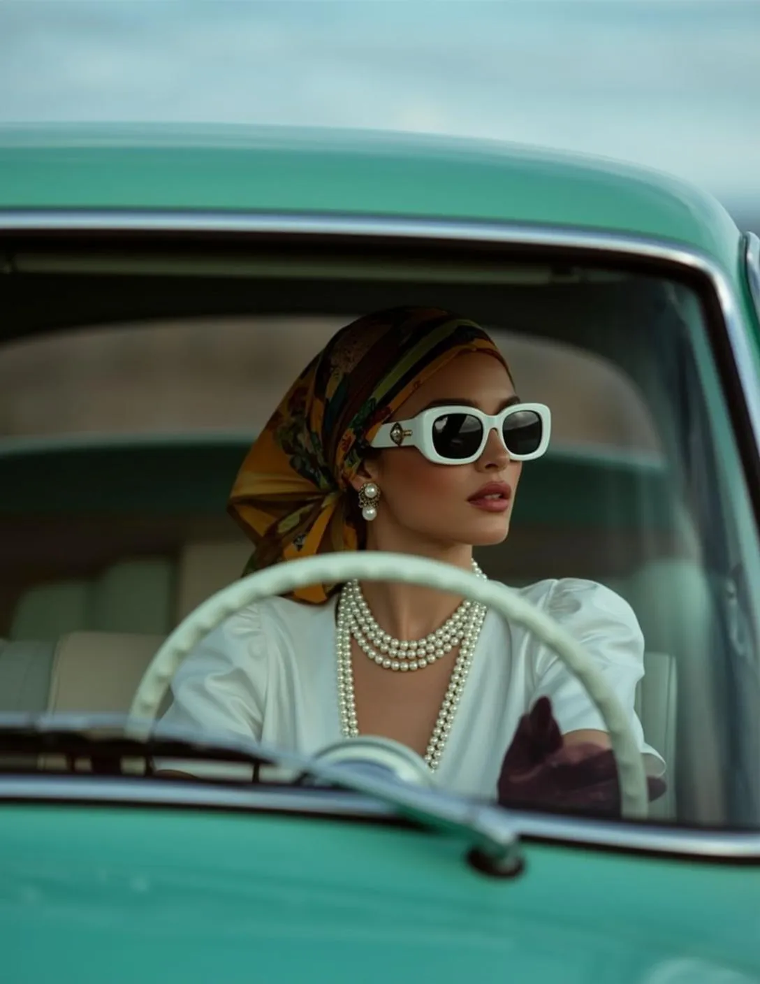 Sunglasses And Earrings And Necklace In Car Portrait