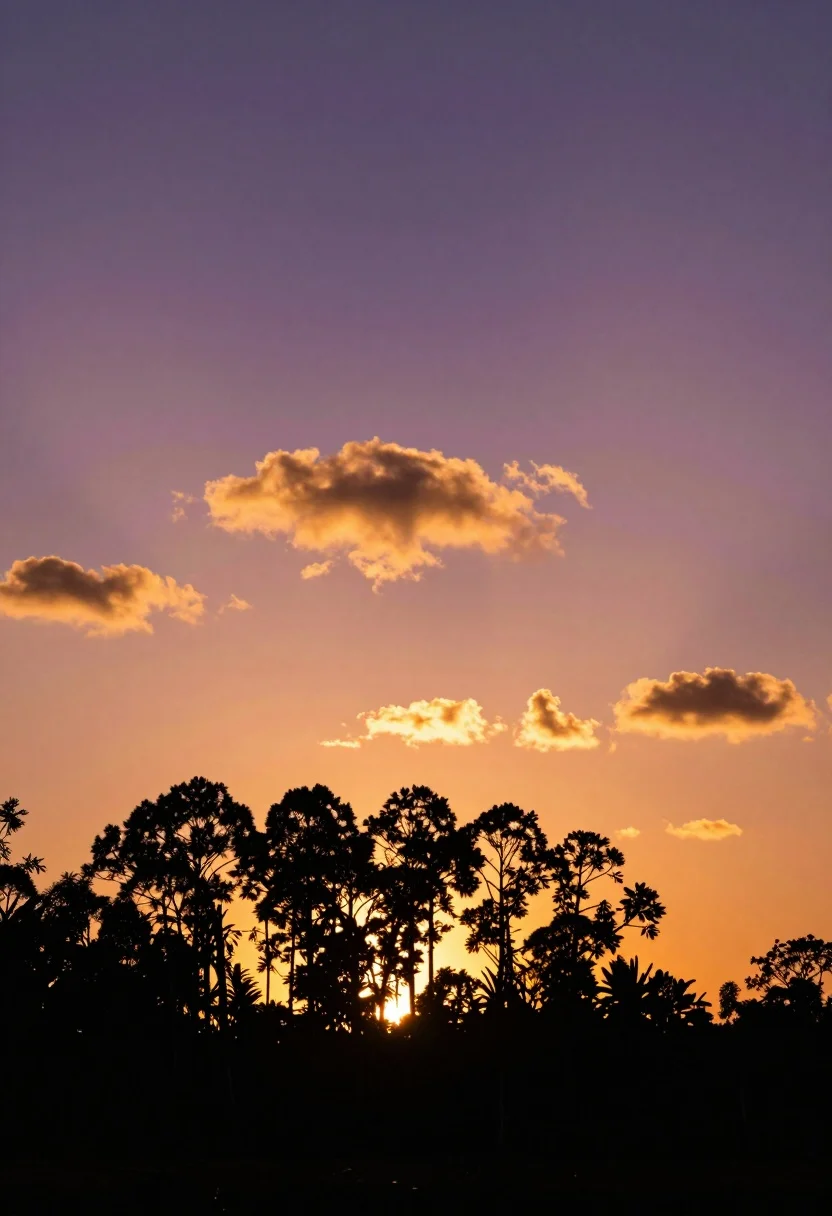 A serene landscape showcasing dark silhouettes of tall trees against a vibrant sunset sky with a gradient from purple to orange.