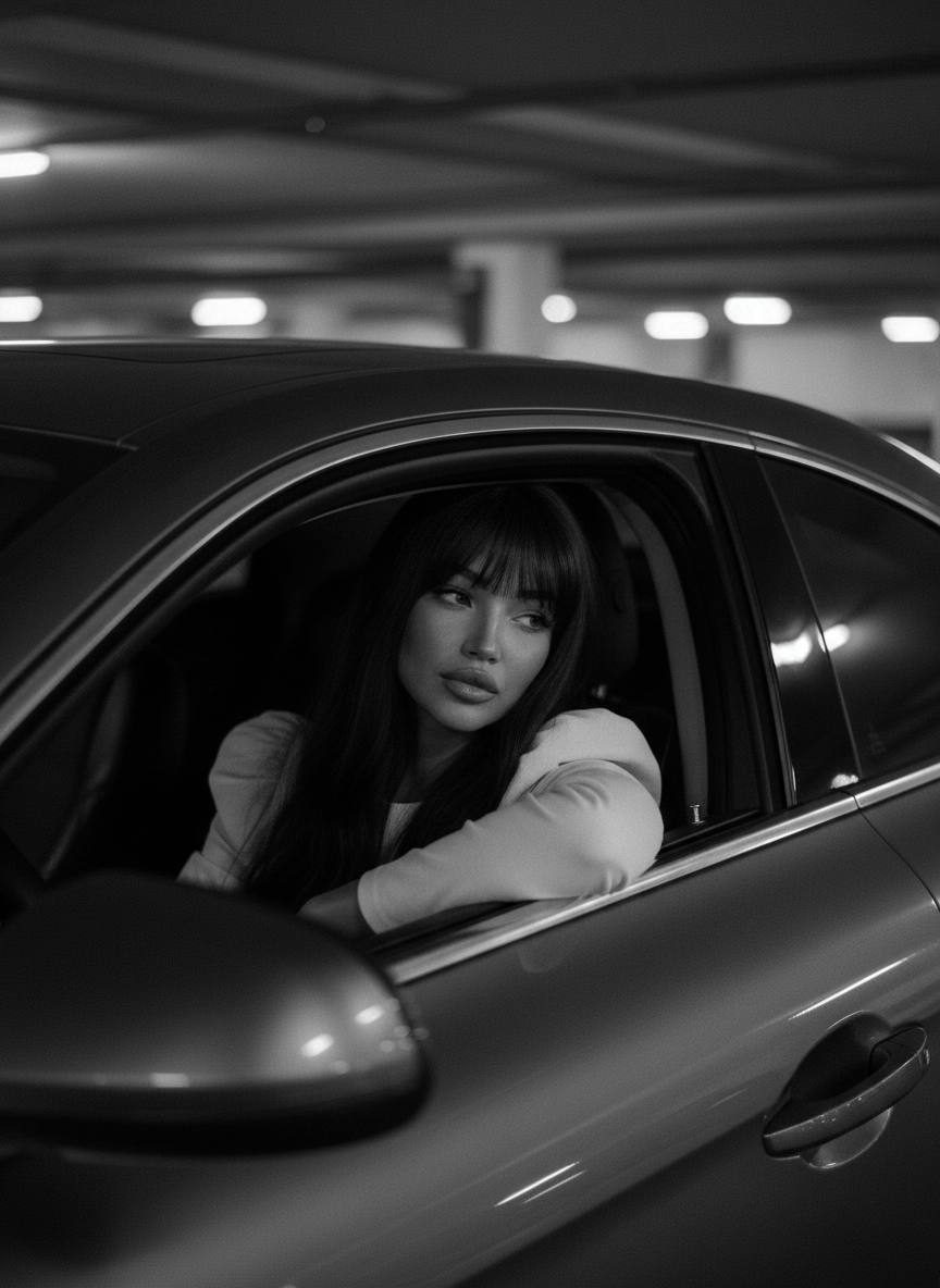 A model with a serious expression sitting in a luxury car's driver seat, arm draped outside the window in an underground parking lot.
