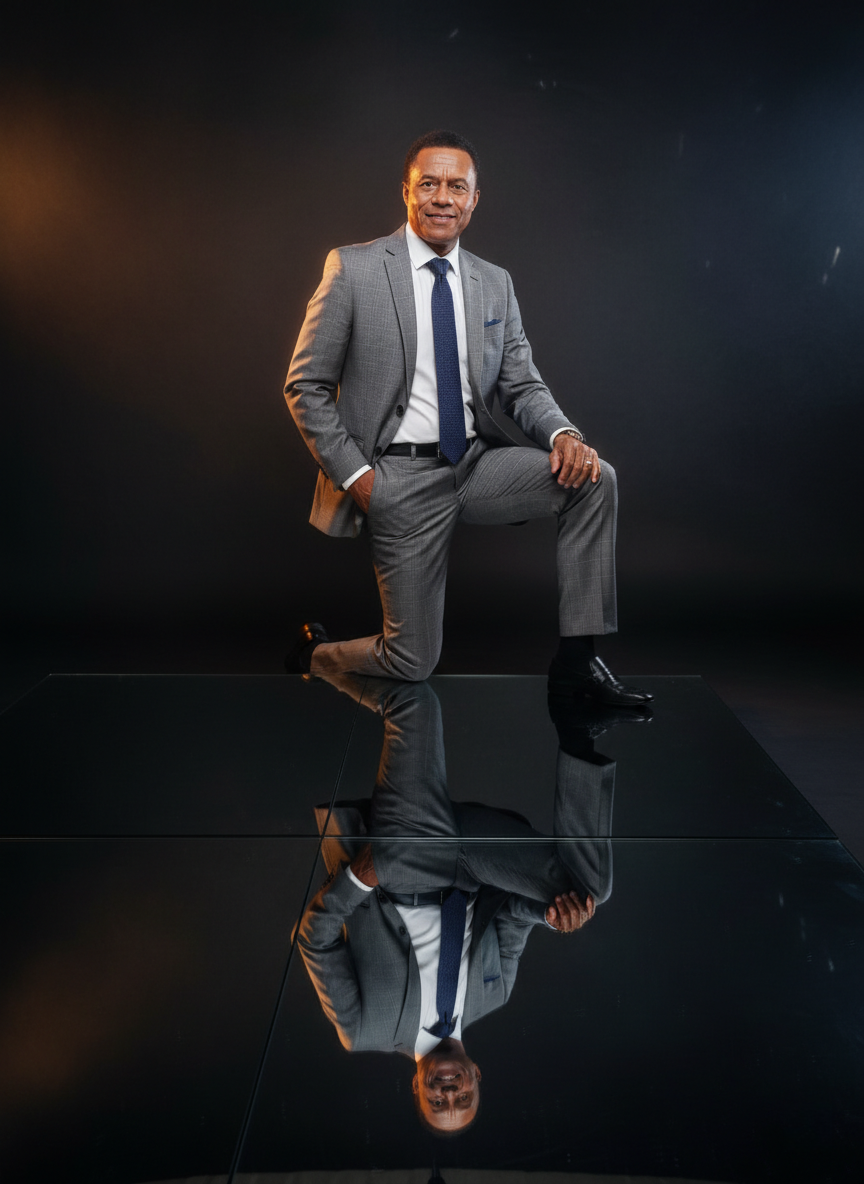 Retrato estilizado de homem em terno xadrez cinza, levemente inclinado sobre painel de vidro reflexivo, com iluminação quente e sorriso suave.