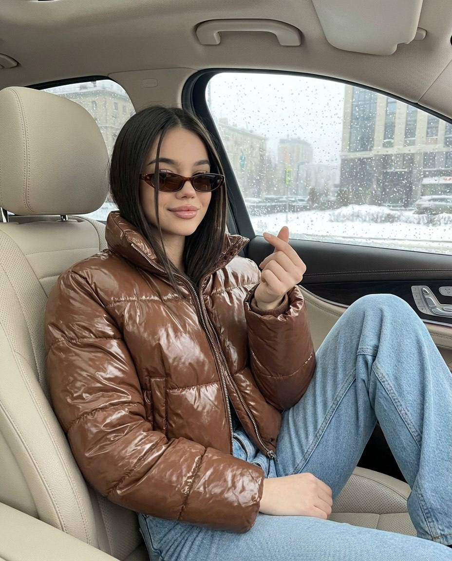 A woman in a brown patent leather jacket sits in a luxury car, smiling gently while making a finger heart gesture against a snowy cityscape.