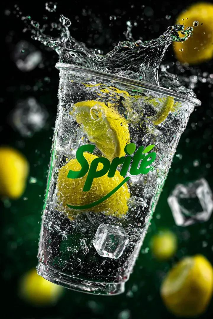 Sprite Soda Cup Floating With Lemon Lime Splashes