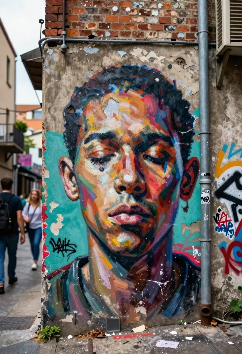 Large Expressive Mural Human Face Painted The Side Urban Alleyway