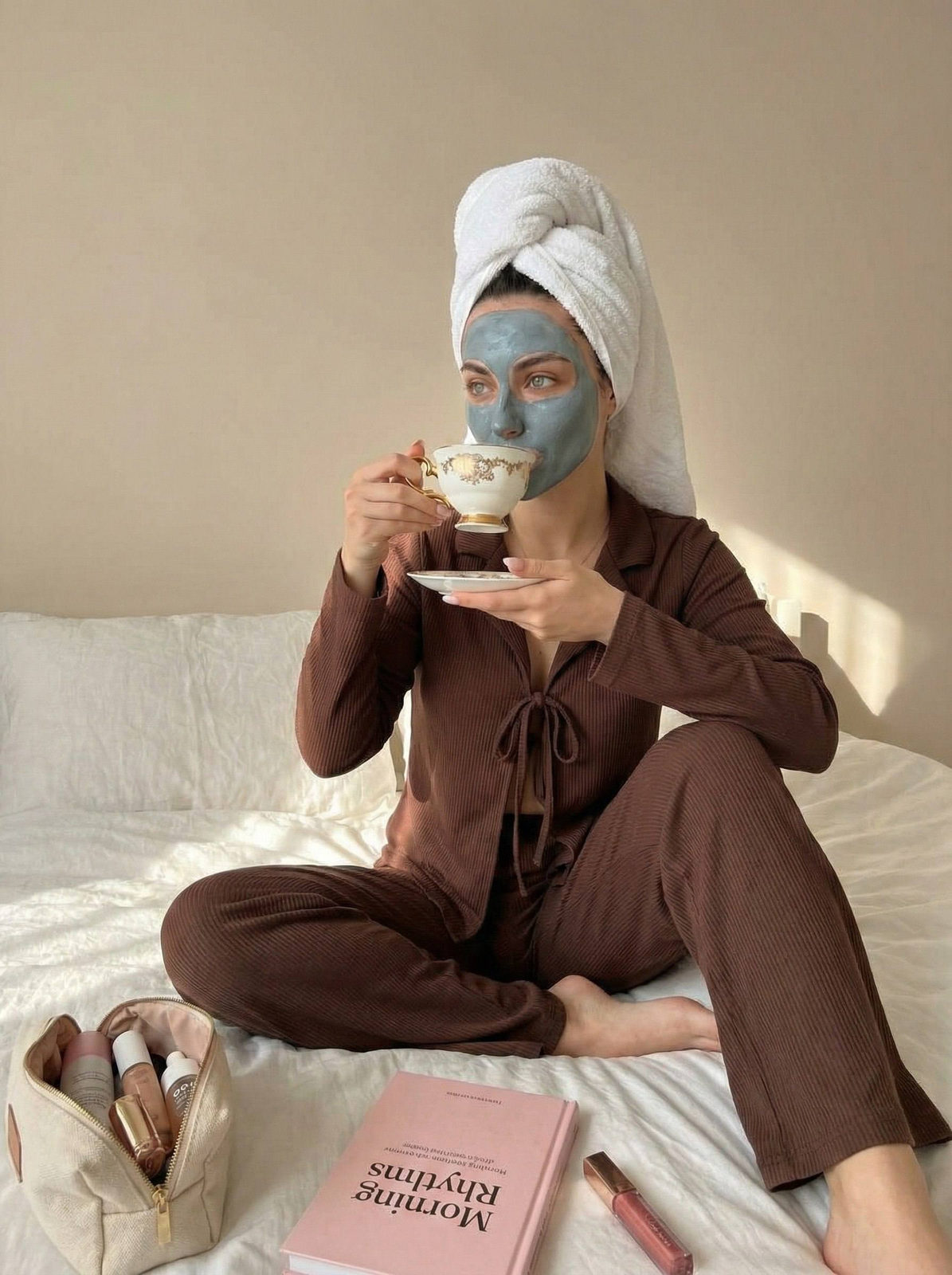 A woman enjoying a serene morning on a bed, wearing a clay mask and chocolate pajamas, sipping from a vintage cup.