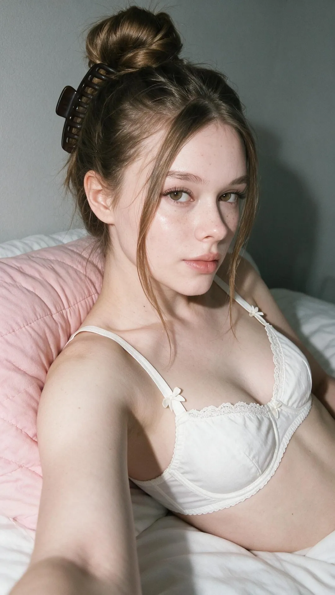 White Lace Bralette Reclining On Bed Soft Light