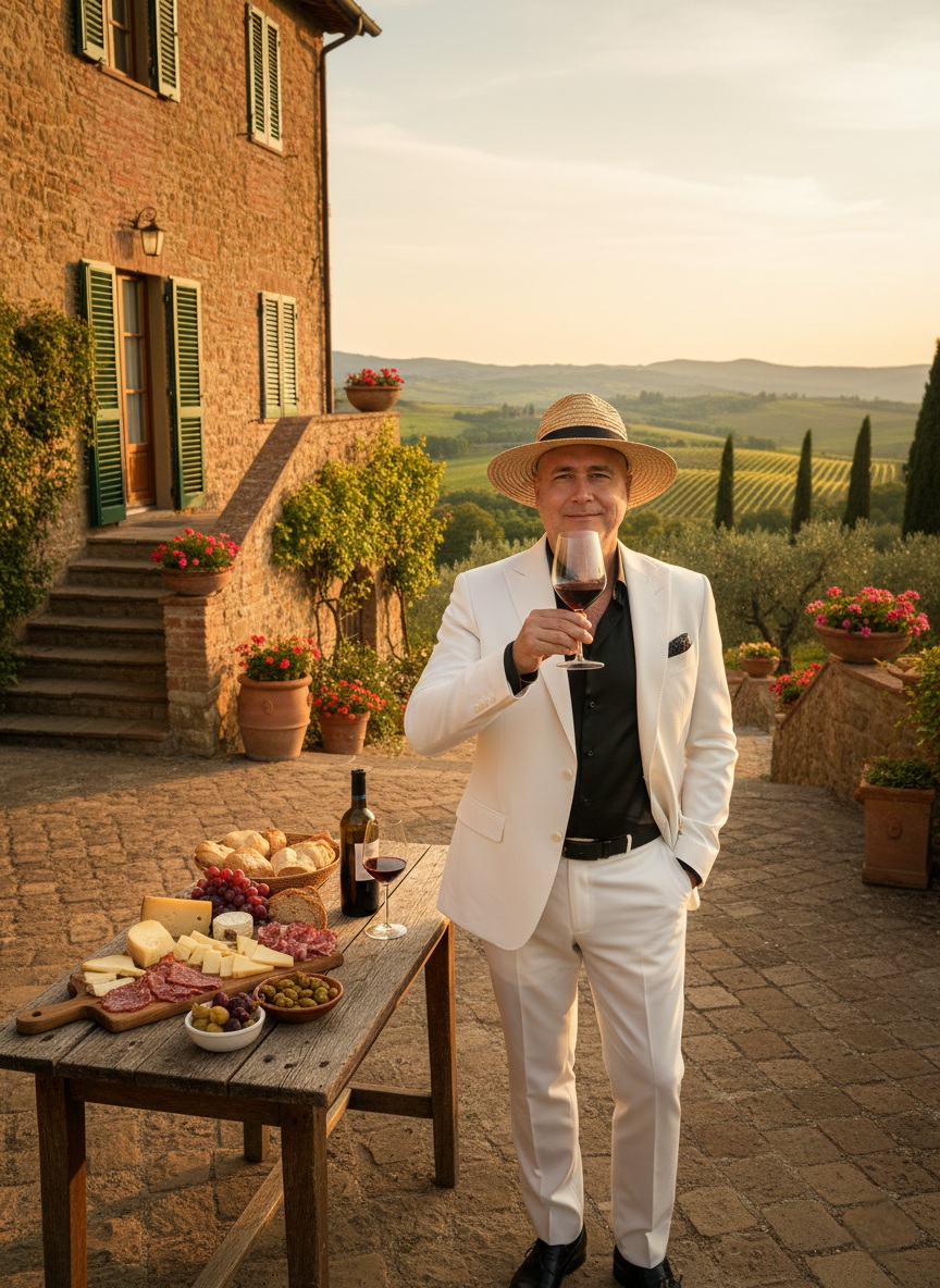 Elegant figure in a stylish white suit at a rustic table, holding a wine glass amidst a breathtaking Tuscan landscape at golden hour.