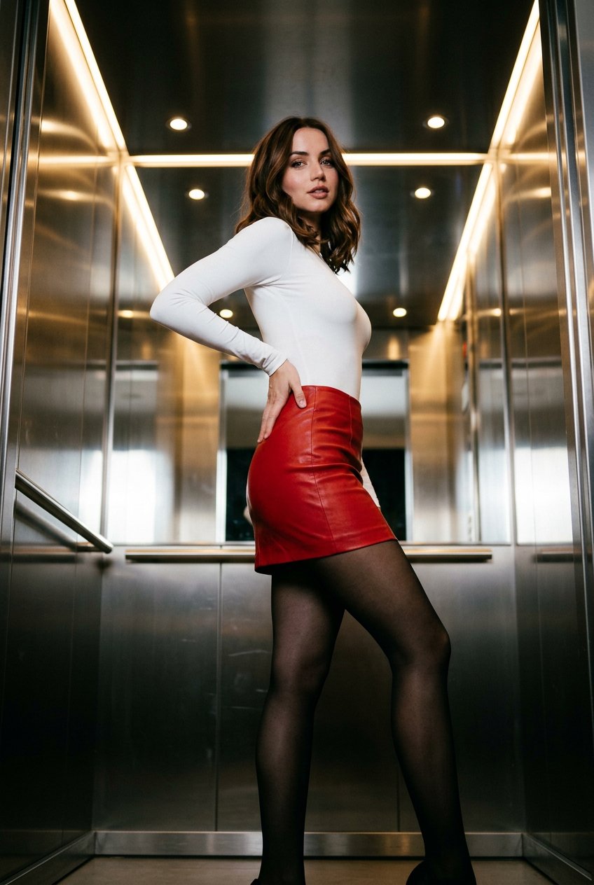Modern Elevator Red Leather Skirt Low Angle Shot