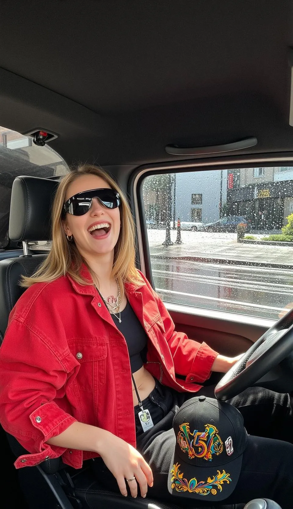 Sunglasses And Earrings And Necklace And Rings In Car Portrait