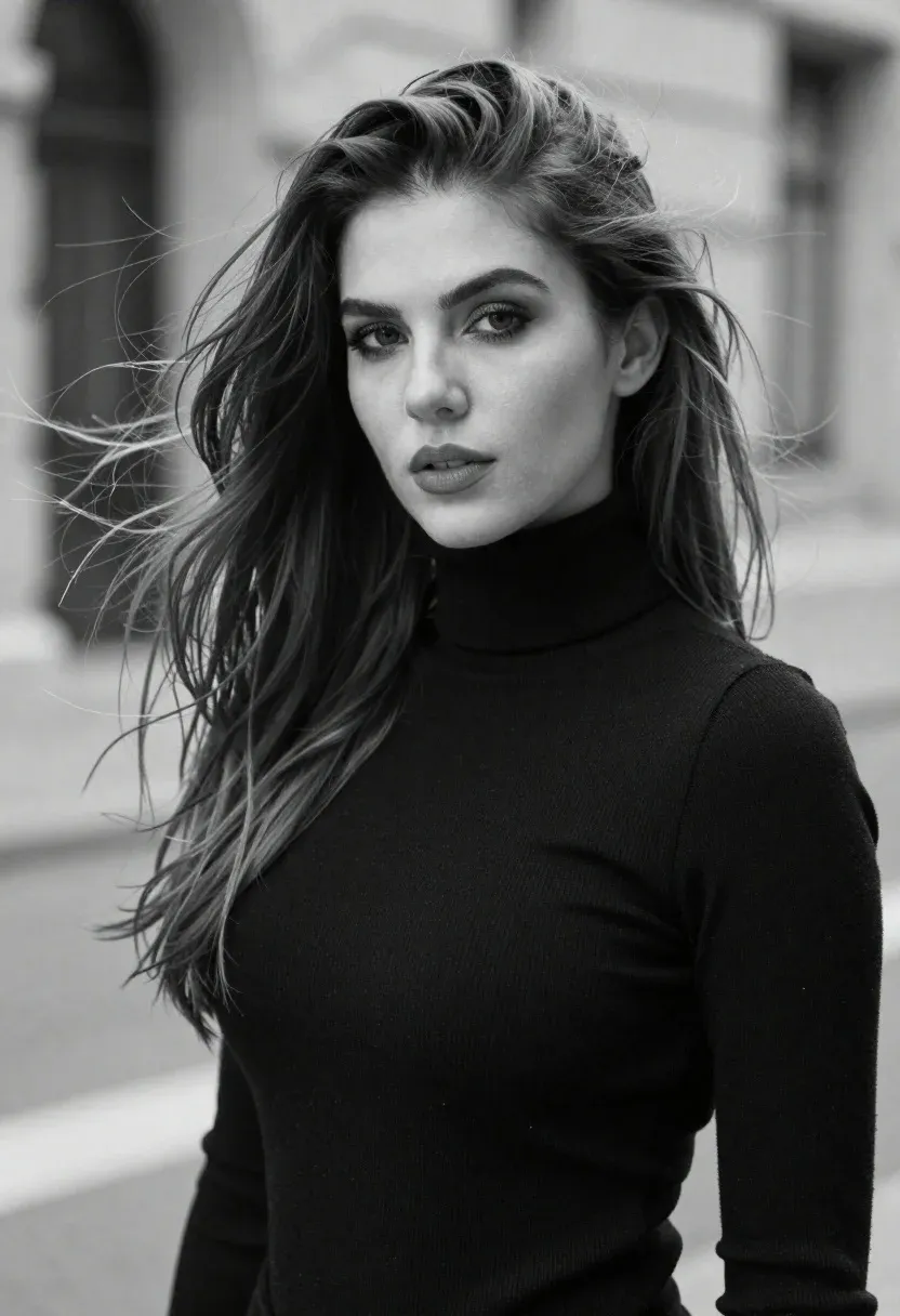 Black And White Portrait Woman With Long Windswept Hair Gazing