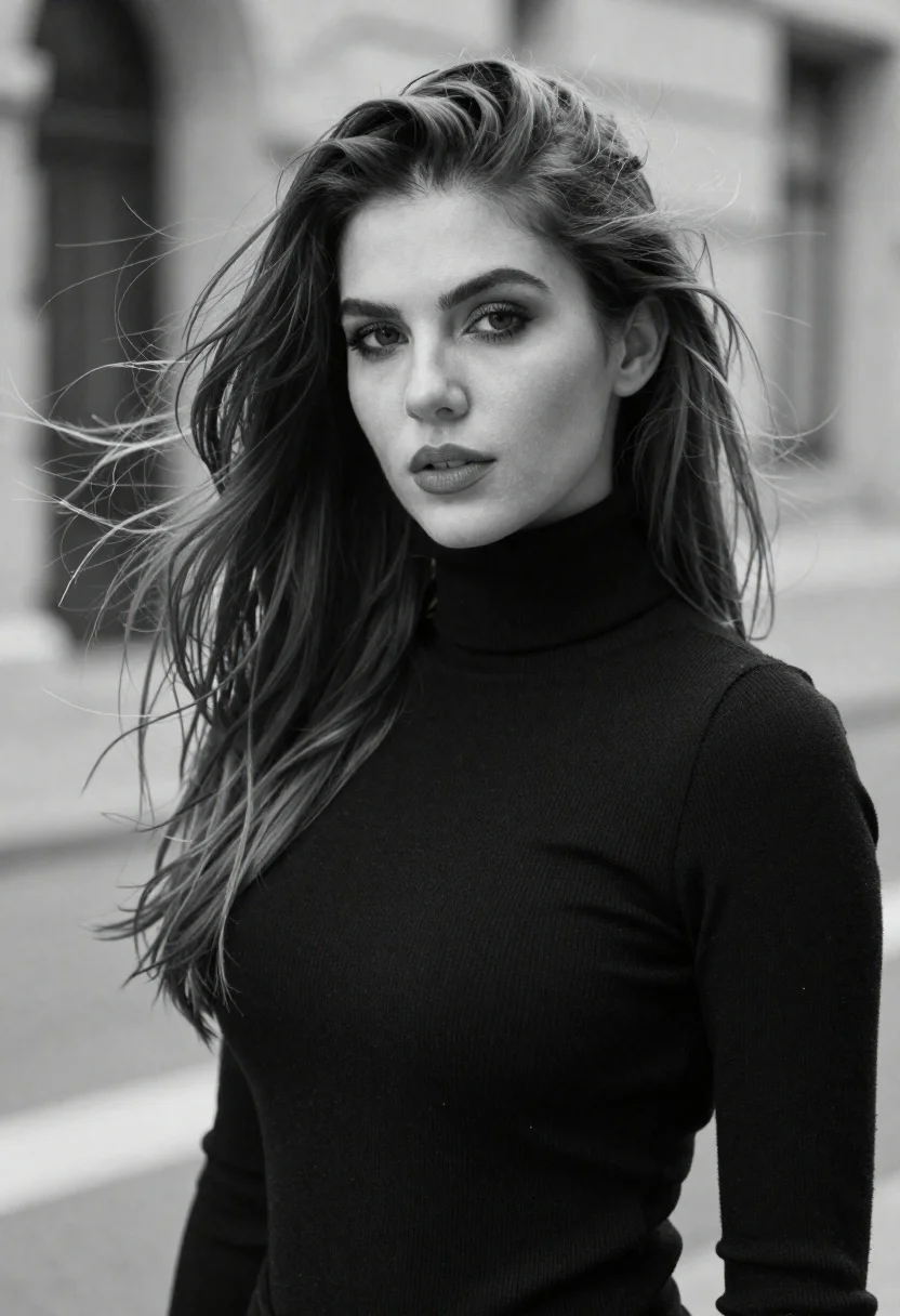 Black And White Portrait Woman With Long Windswept Hair Gazing reference photo