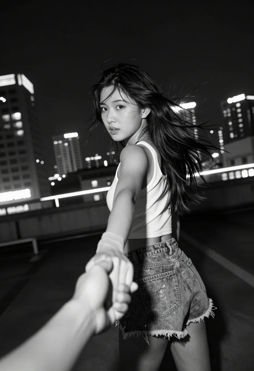 Black And White Photograph Young Woman Being Pulled Forward The