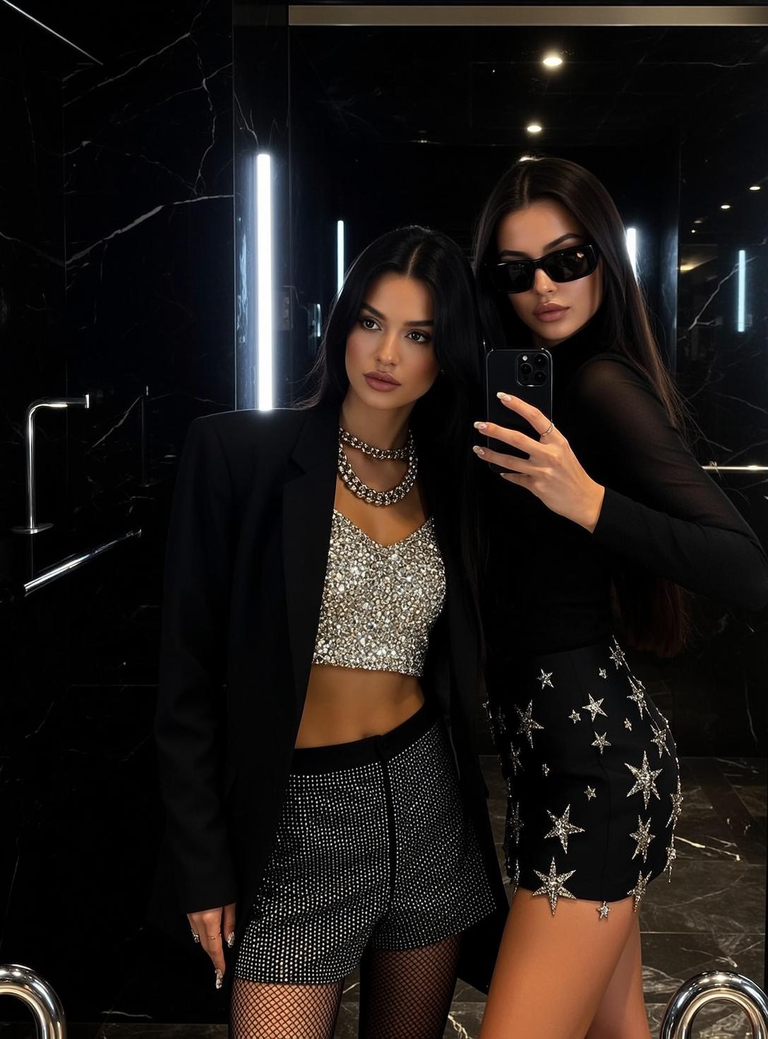 Two Women Stand Side By Side Taking Mirror