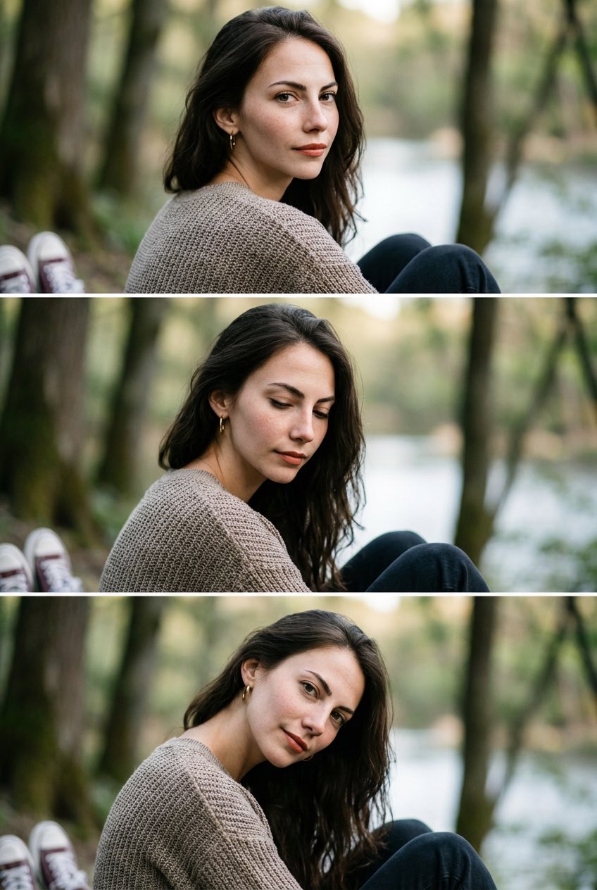 A serene close-up portrait of a subject gazing over their shoulder in a forest setting.