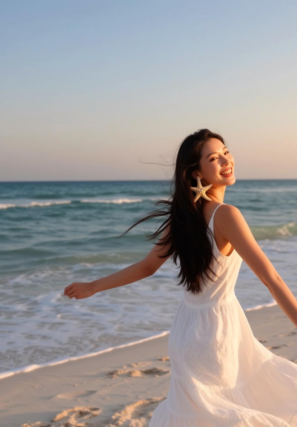 White Sundress Beach Turnaround Smile