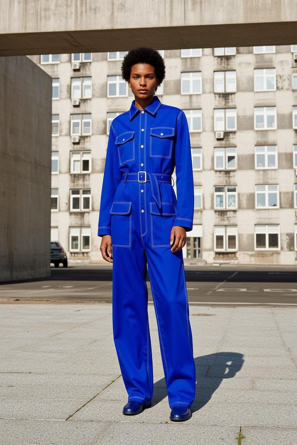 Blue Jumpsuit Brutalist Building Car