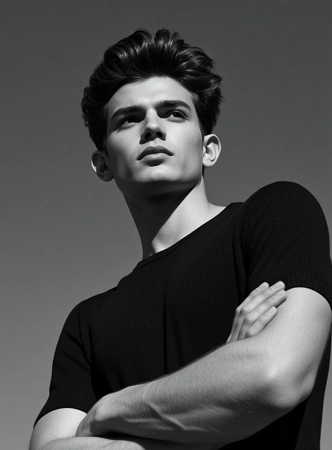 Low-angle Medium Shot Portrait Young Man With Dark Voluminous Styled