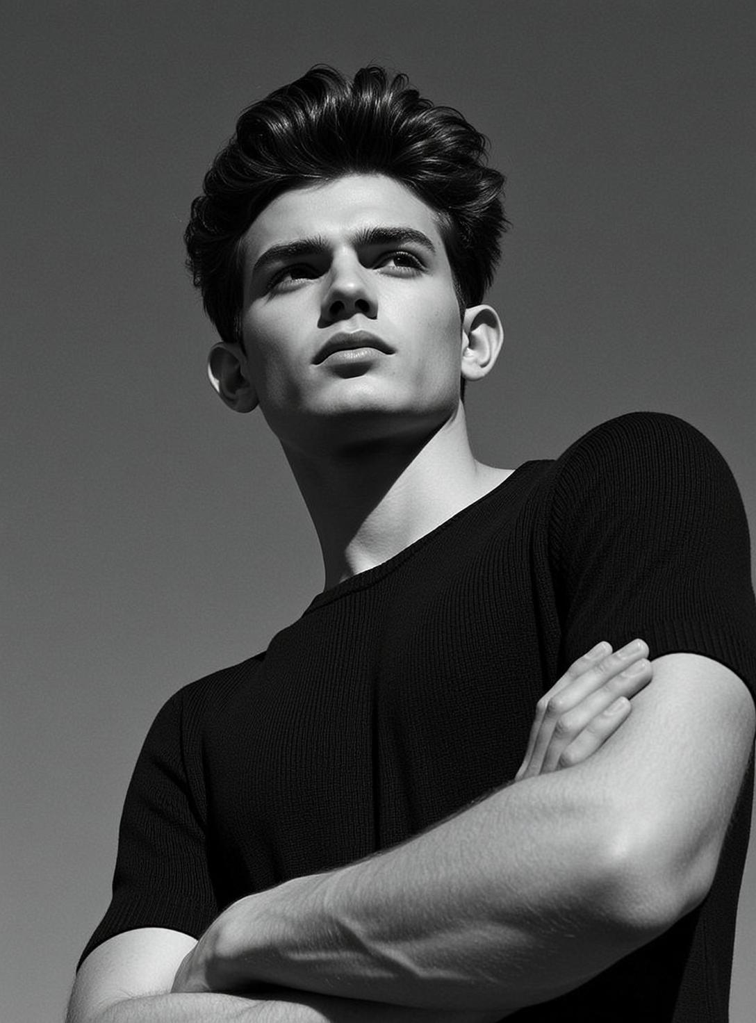 Low-angle Medium Shot Portrait Young Man With Dark Voluminous Styled