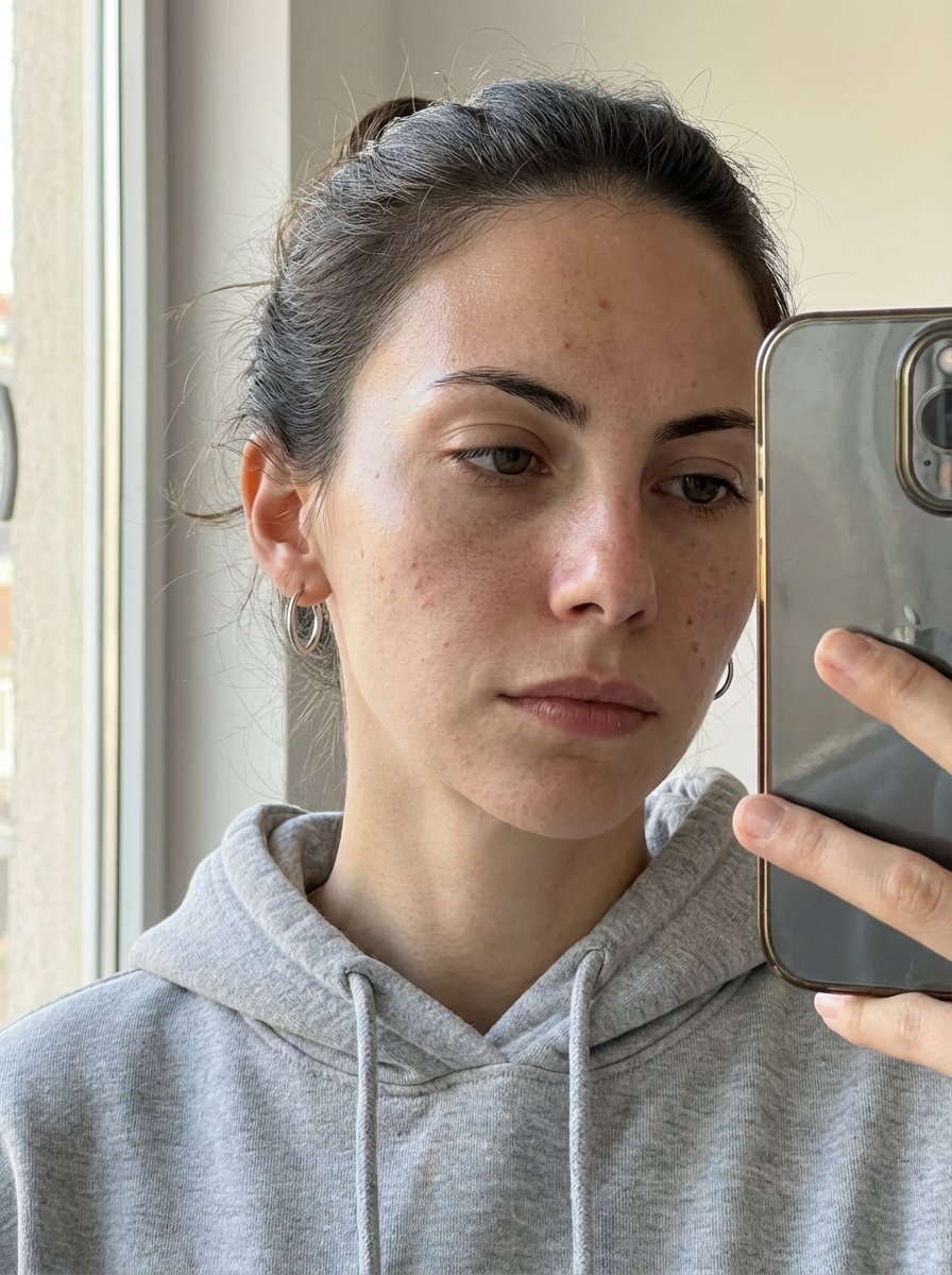 Close-up mirror selfie of a person wearing a grey hoodie and silver hoop earrings, natural light from window, showcasing soft skin textures.