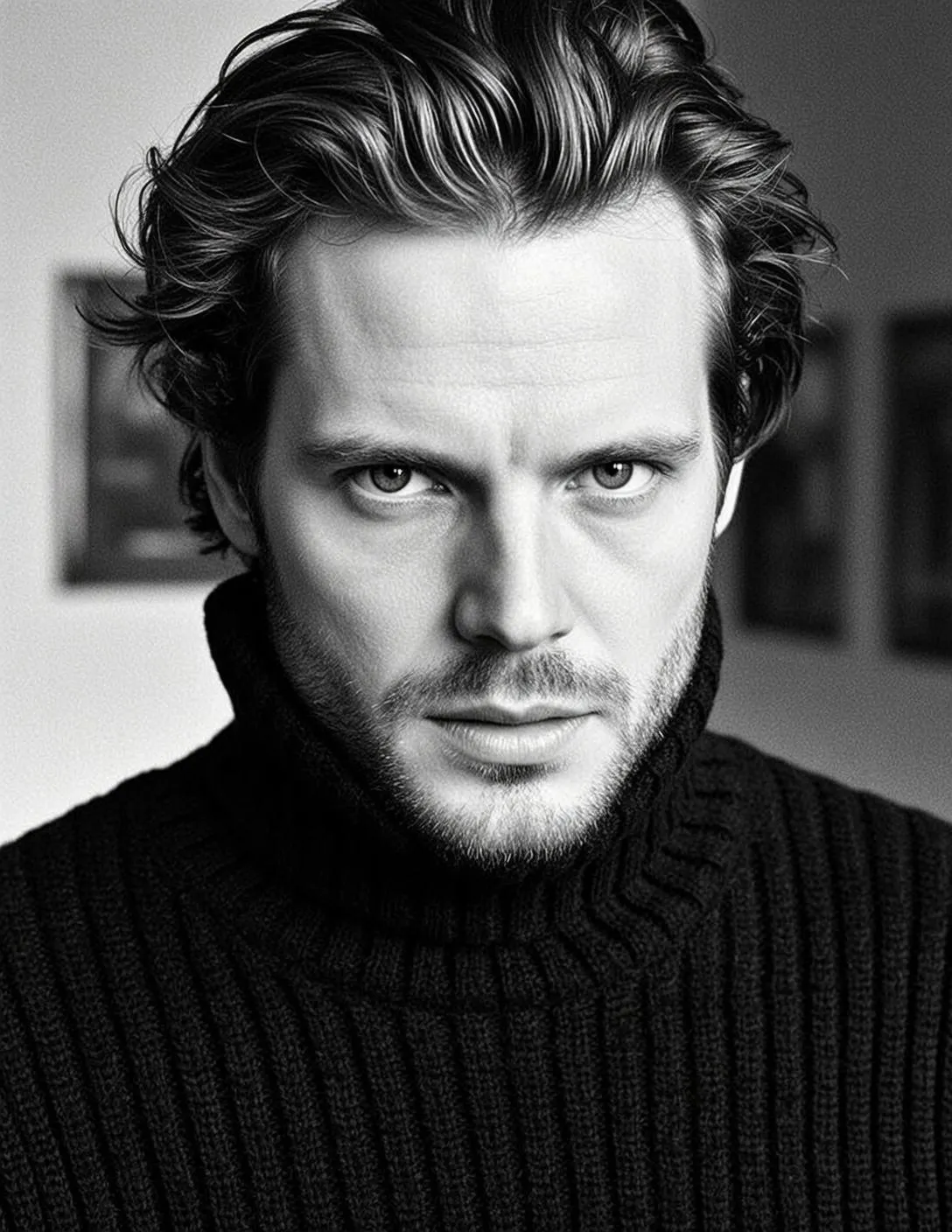 Medium Shot Black And White Photorealistic Portrait Man With Wavy