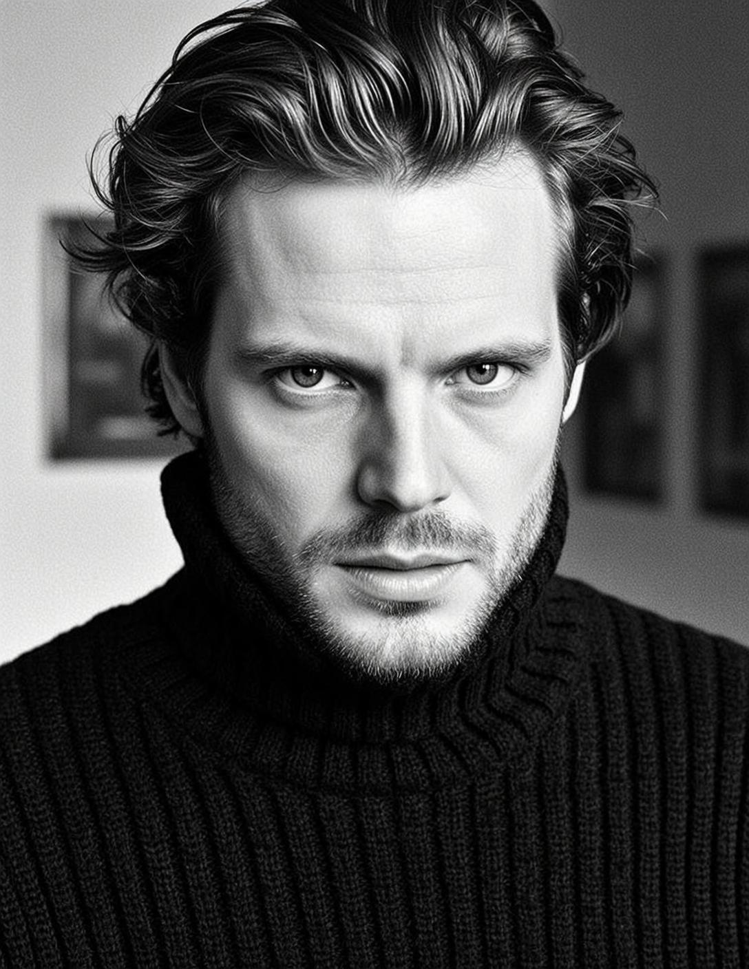 Medium Shot Black And White Photorealistic Portrait Man With Wavy