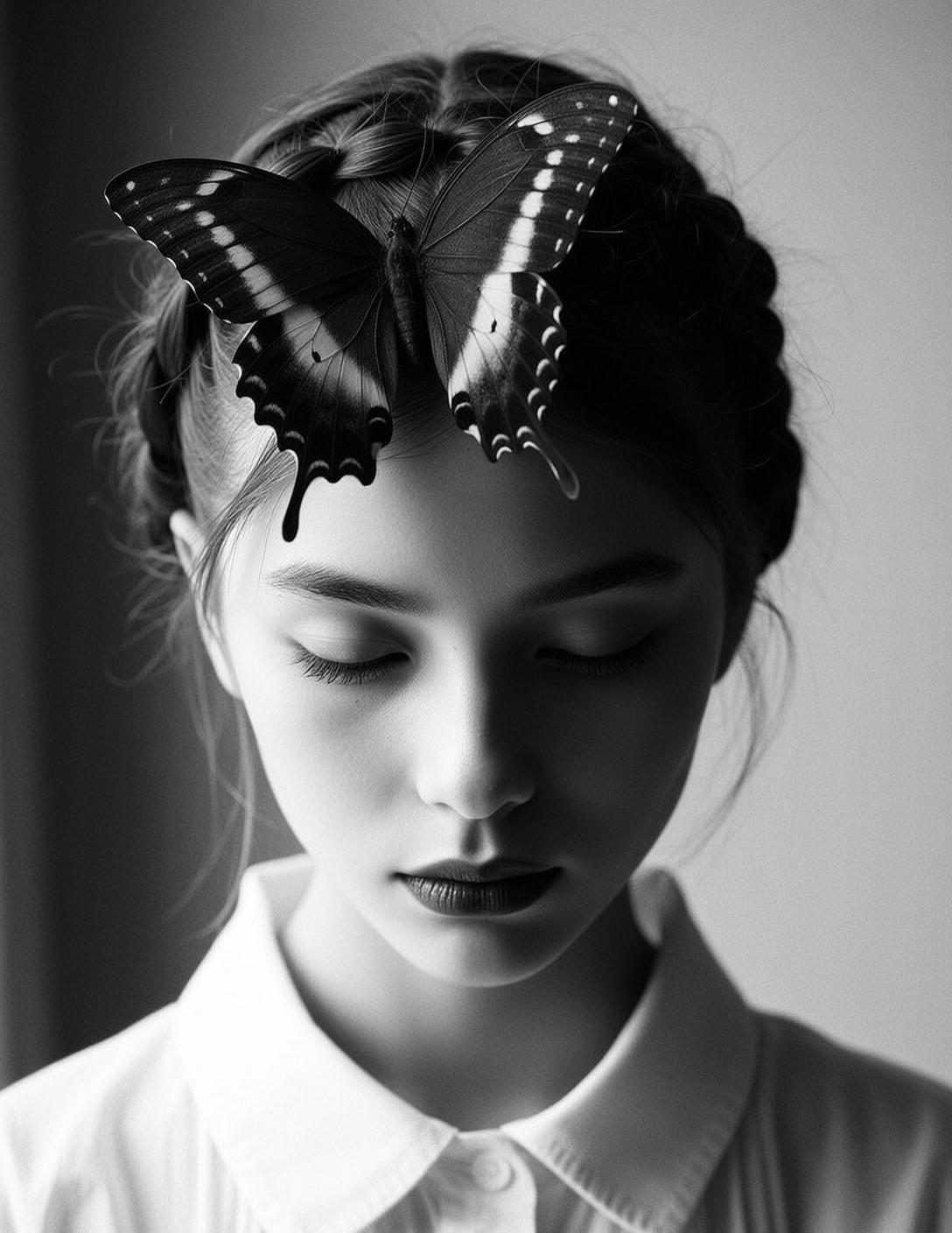Photorealistic Portrait Young Woman With Her Eyes Closed Looking Downwards