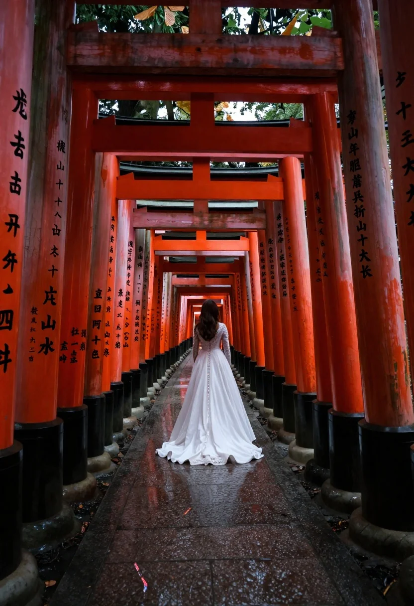 Solitary Woman Flowing White Wedding Gown Stands Within Endless Tunnel reference photo