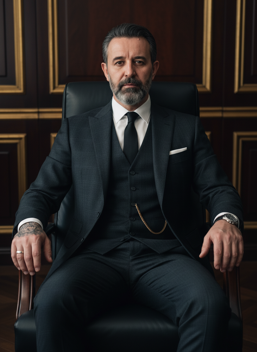 A sophisticated man in a tailored dark suit sitting in a luxurious leather chair, dramatic lighting highlighting his authoritative pose.