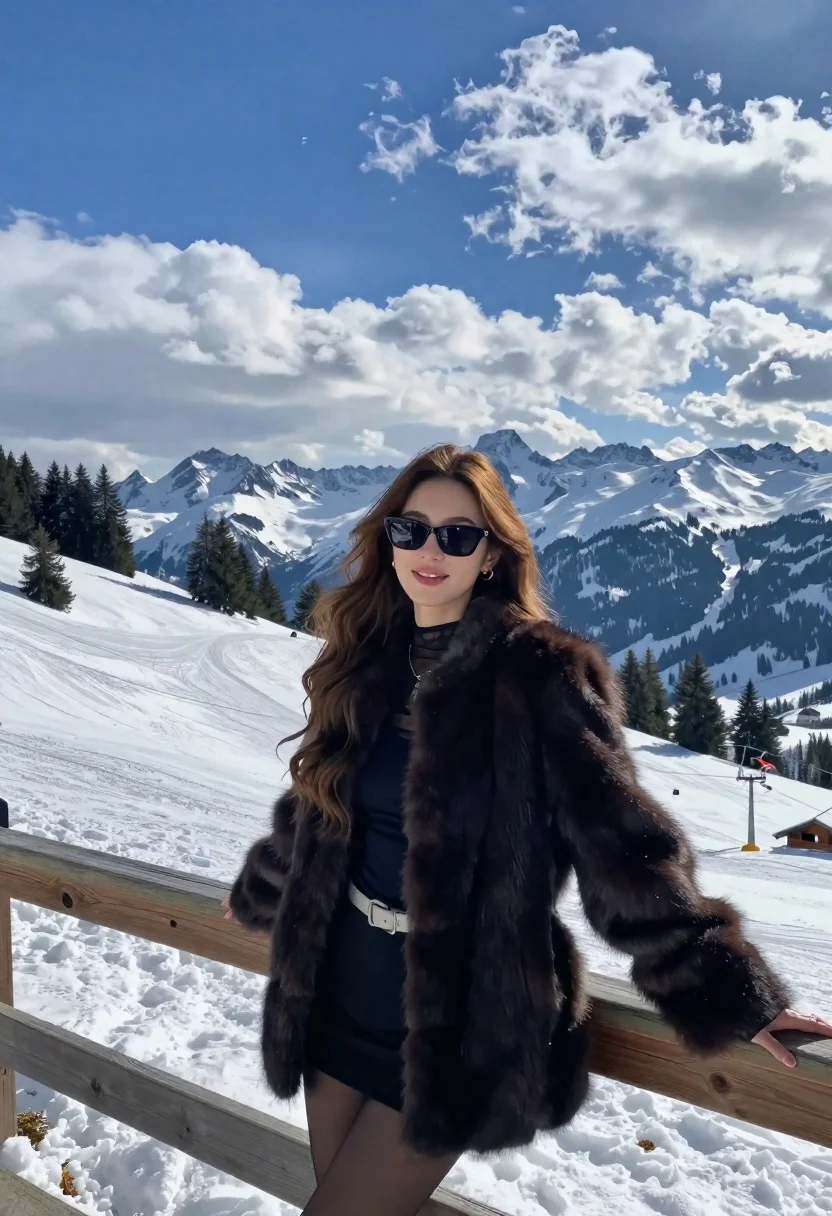 Woman Stands Leaning Against Wooden Railing Snowy Mountain Terrace With reference photo