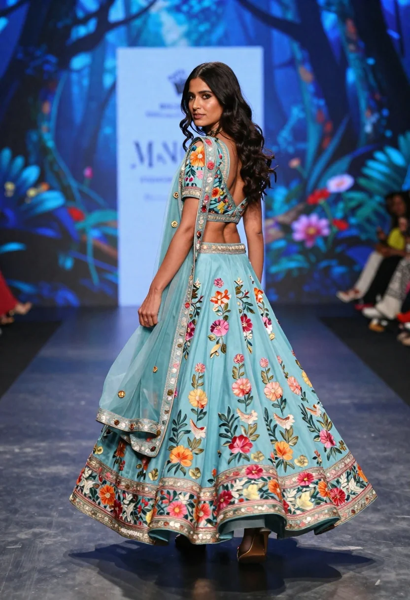 Woman Walks Down Fashion Runway Flowing Light Blue Lehenga Adorned reference photo