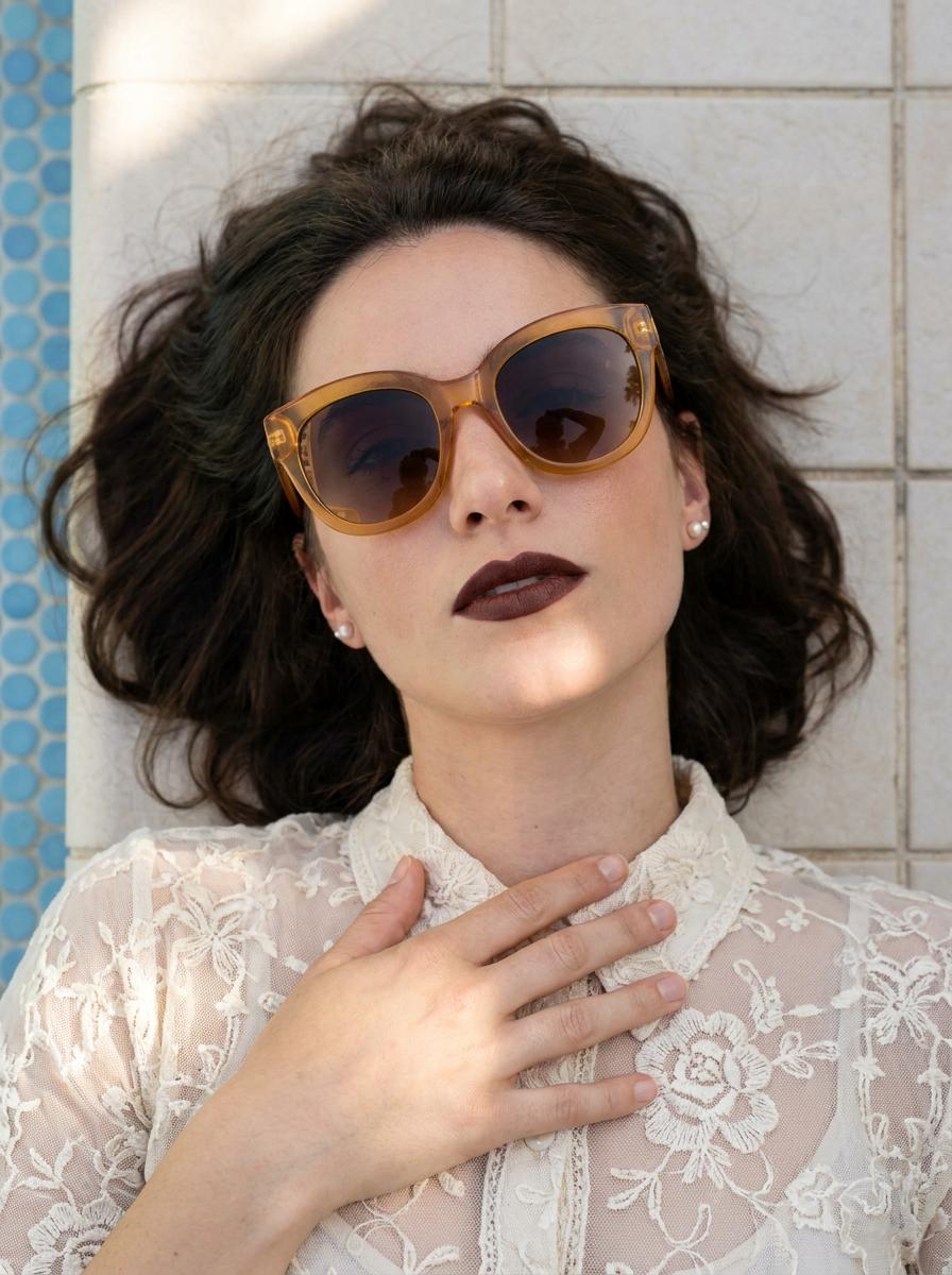 Overhead Luxury Beauty Portrait Poolside Tile Amber Sunglasses