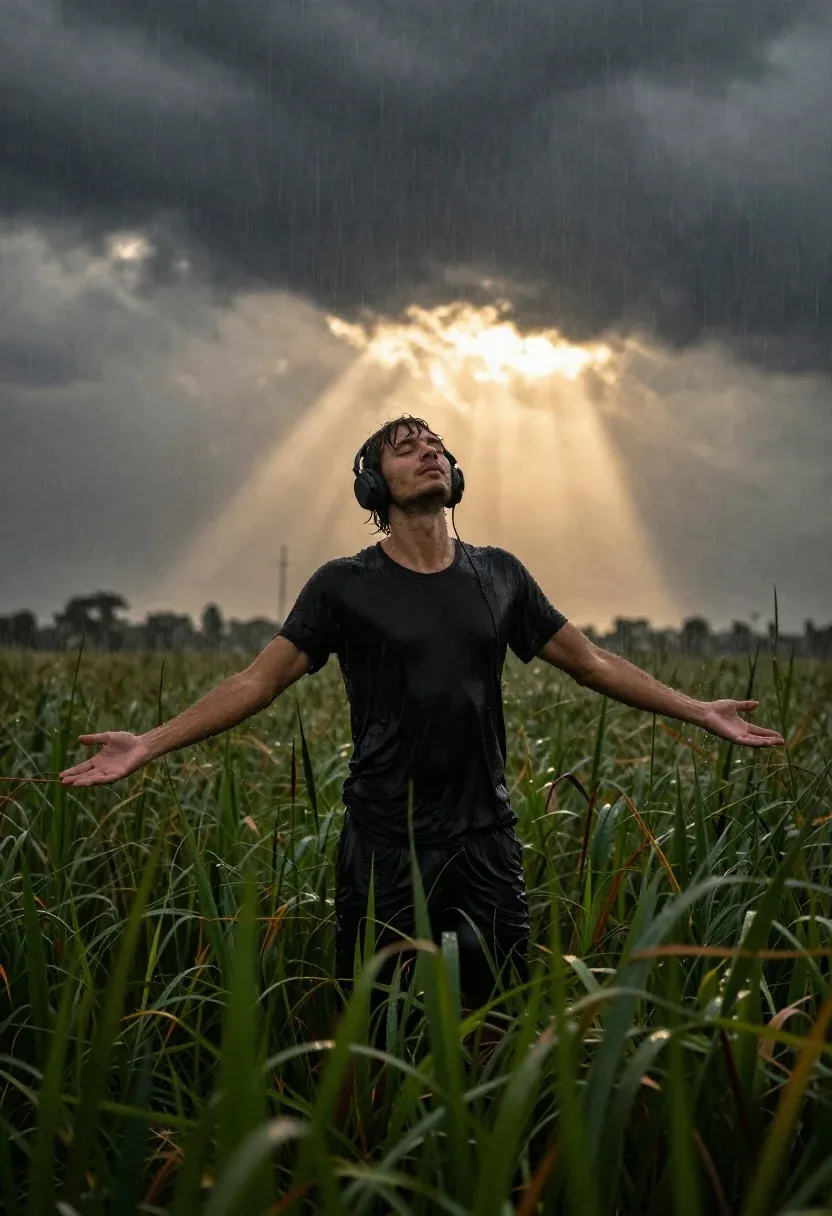 Young Man Stands Field Tall Grass With His Arms Outstretched