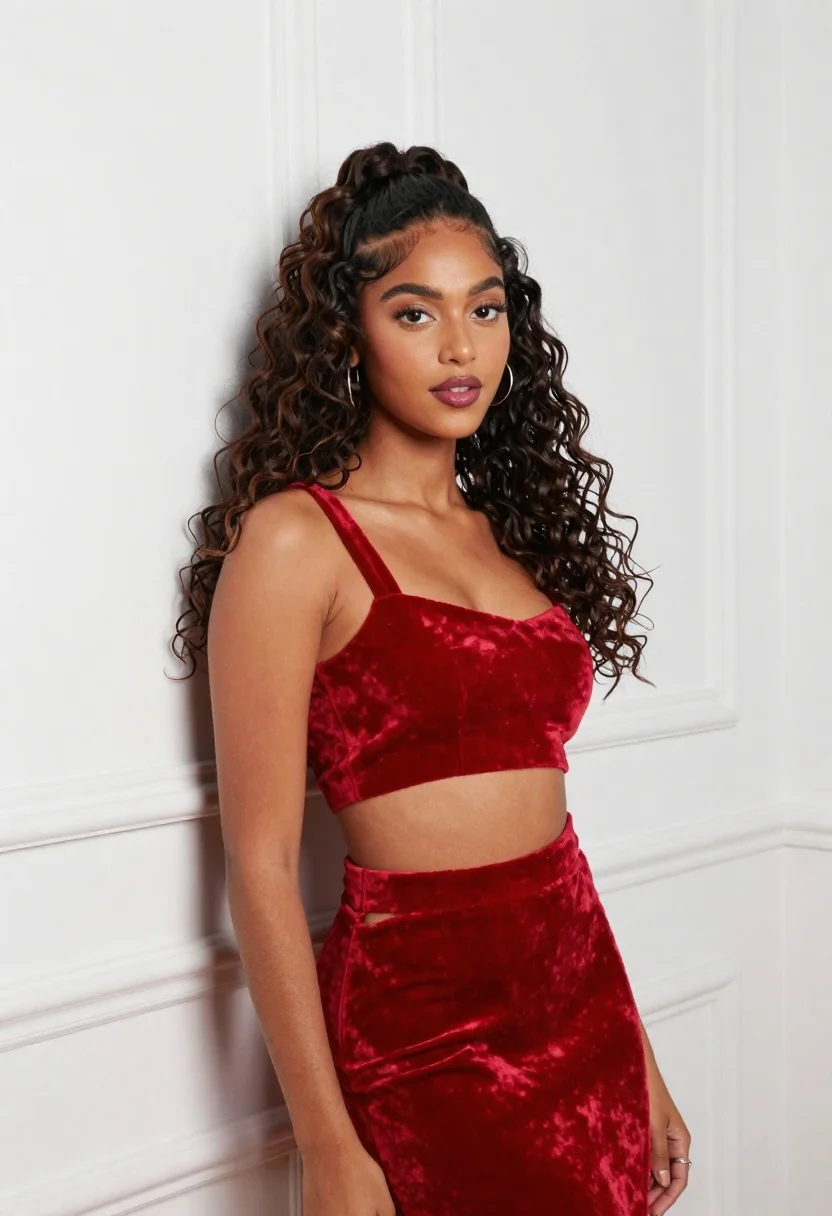 Confident Young Woman With Voluminous Dark Curly Hair Posing Against reference photo