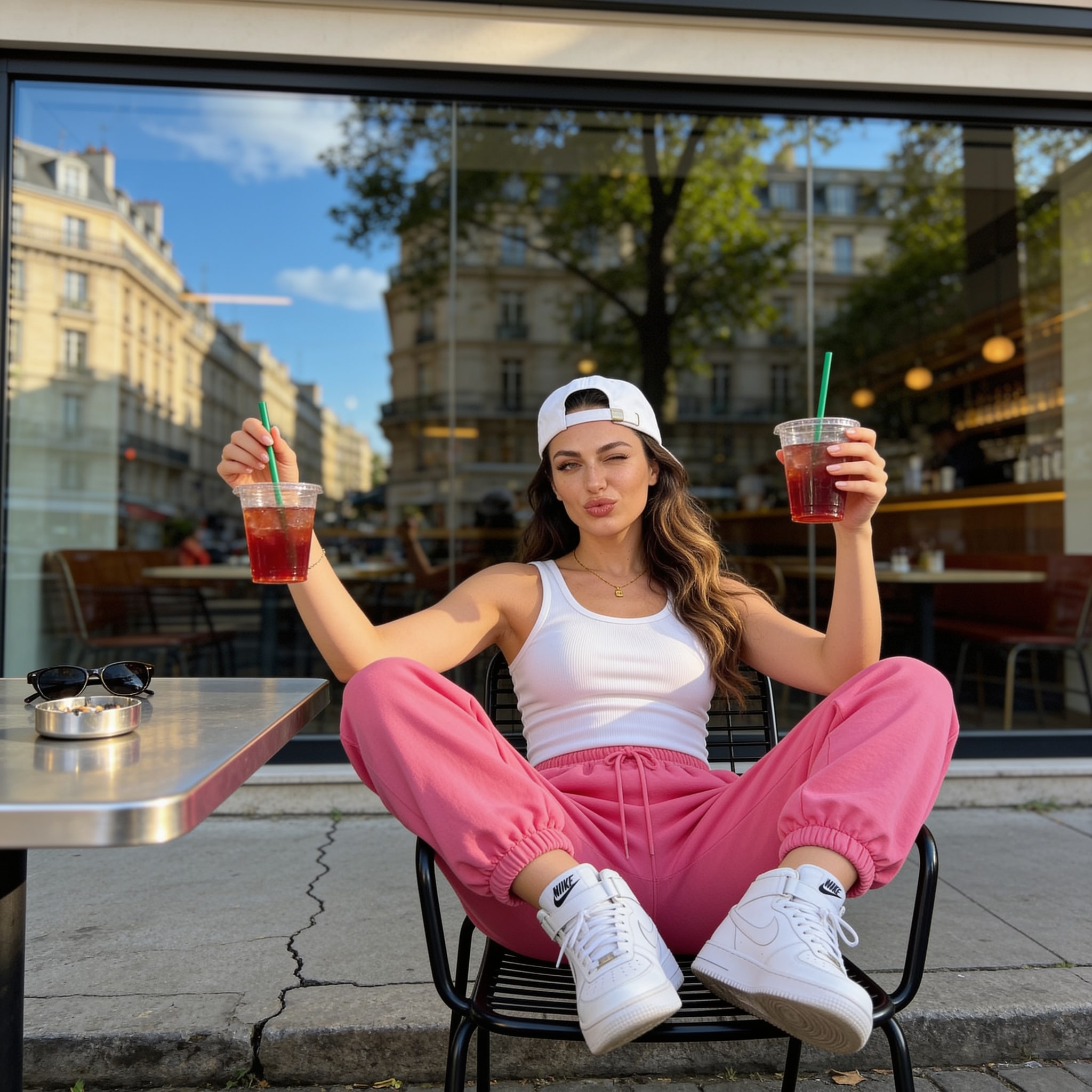 Photorealistic outdoor cafe drink selfie preview with the reviewed outfit, pose, setting, lighting, and camera framing.
