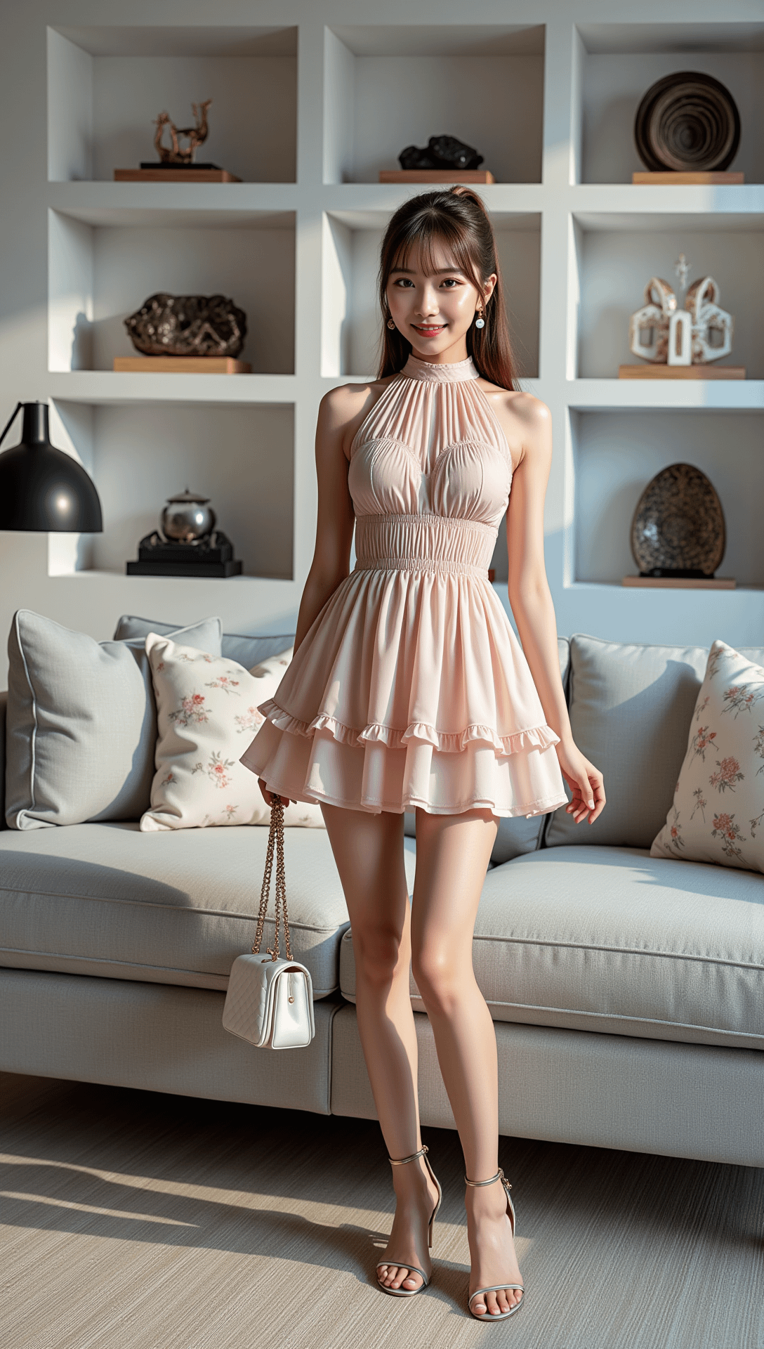 Pale Pink Dress Modern Living Room Full Body