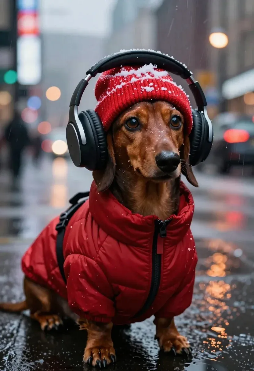Realistic Close-up Portrait Brown Dachshund Dressed Winter Gear Against Urban