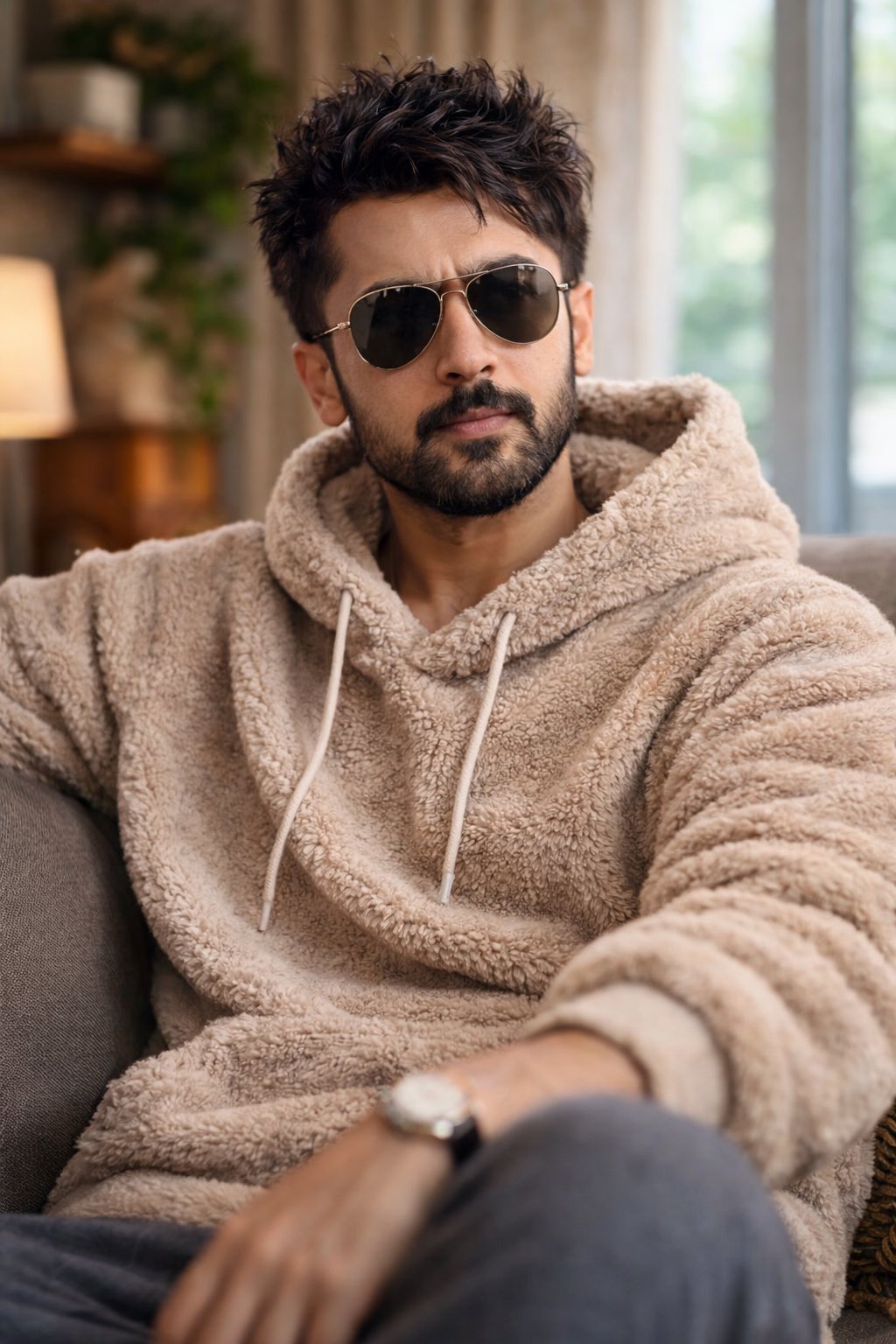 A man with curly hair and a beard in a beige teddy bear-fur hoodie, sitting comfortably in his living room.