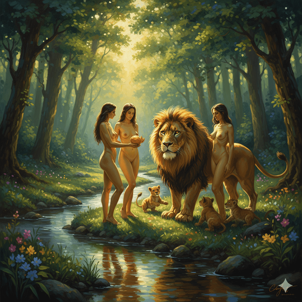 A serene forest clearing with two unclothed figures holding a golden orb beside a majestic lion and a lion cub.