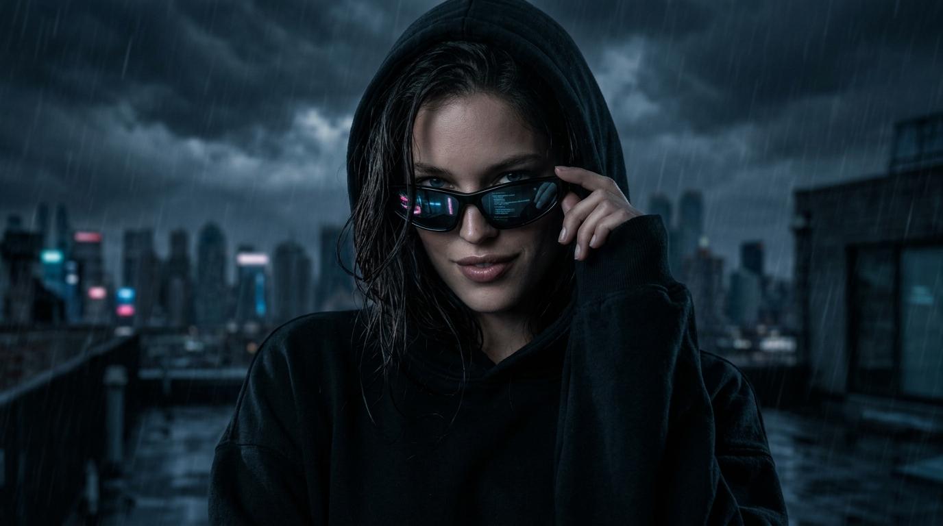 Matte Black Oversized Hoodie Hood Up In Sunglasses