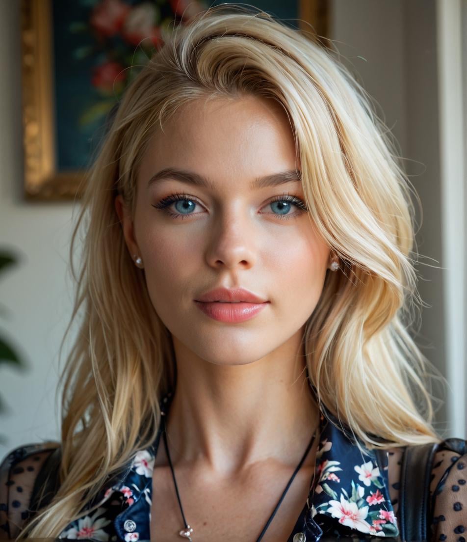 Floral Polka Dot Blouse Soft Side Part Hair