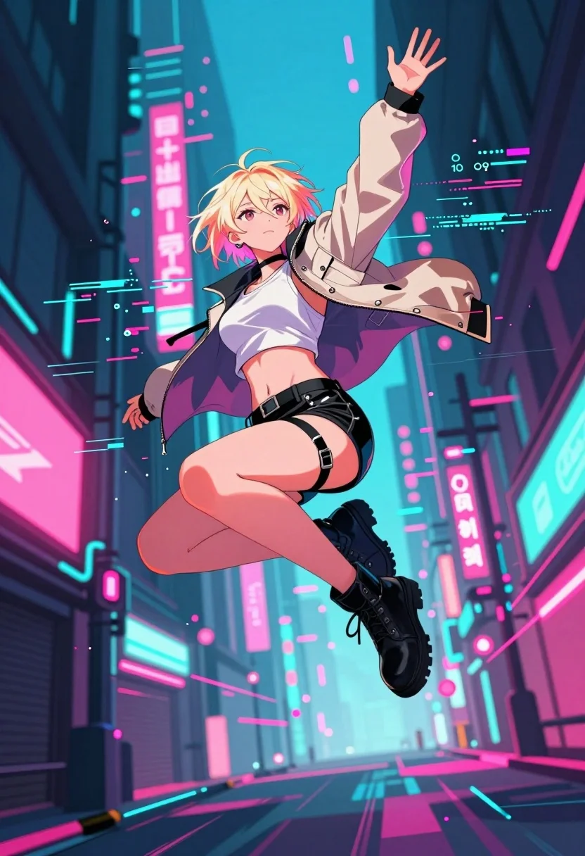 Dynamic Anime-style Illustration Blonde Woman Mid-air Futuristic Cyberpunk City Street
