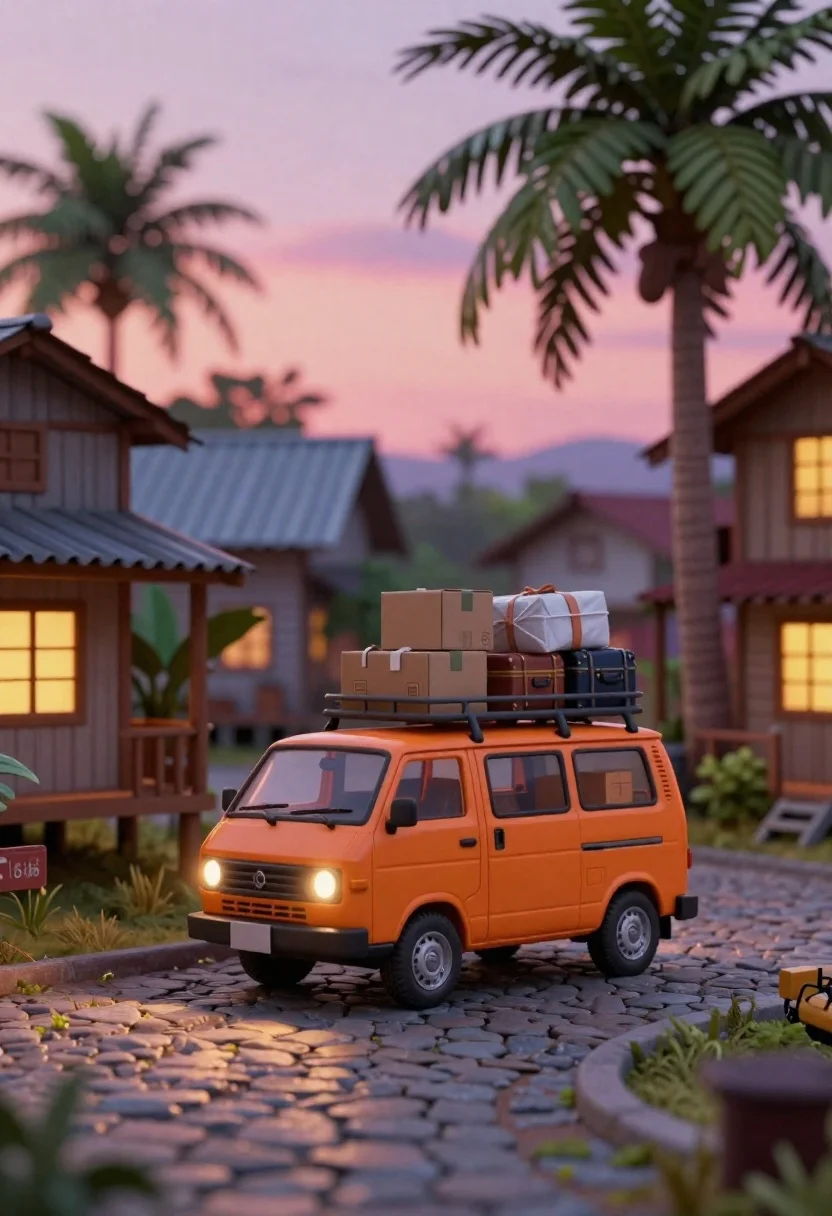 A miniature orange van with luggage parked on a cobblestone path in a tropical setting at dusk.
