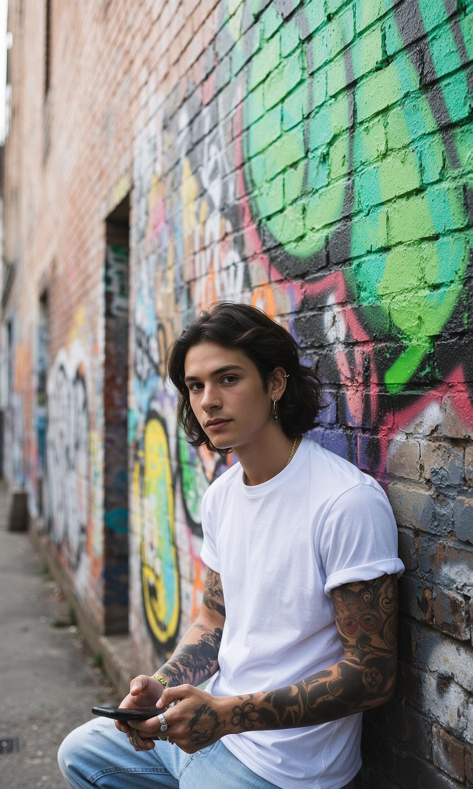 Explore Young Leaning Against Graffiti-covered Brick Wall
