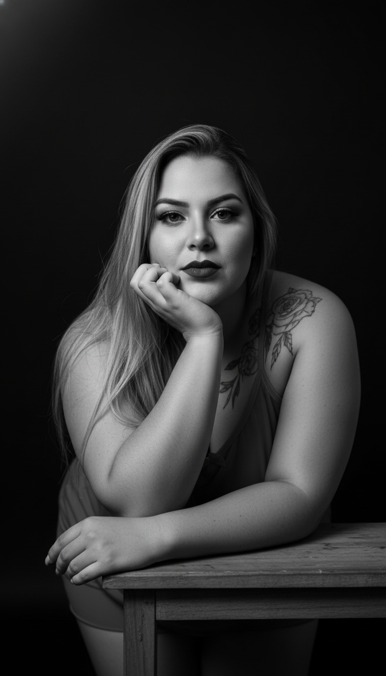 Retrato fotográfico em preto e branco com olhar intenso, iluminado dramaticamente, apoiando o queixo na mão.