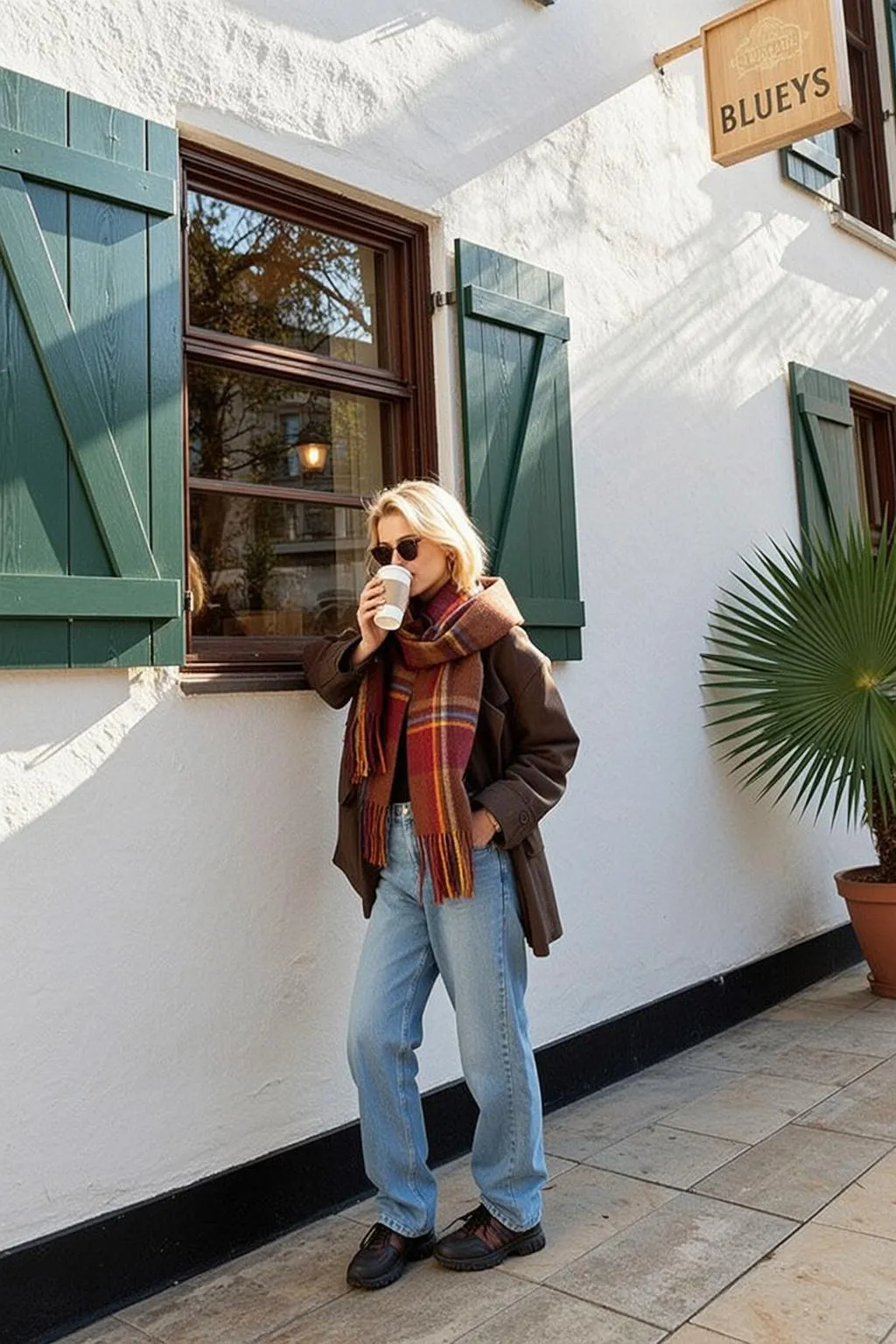 Sunglasses With A Leather Jacket Having Street Coffee