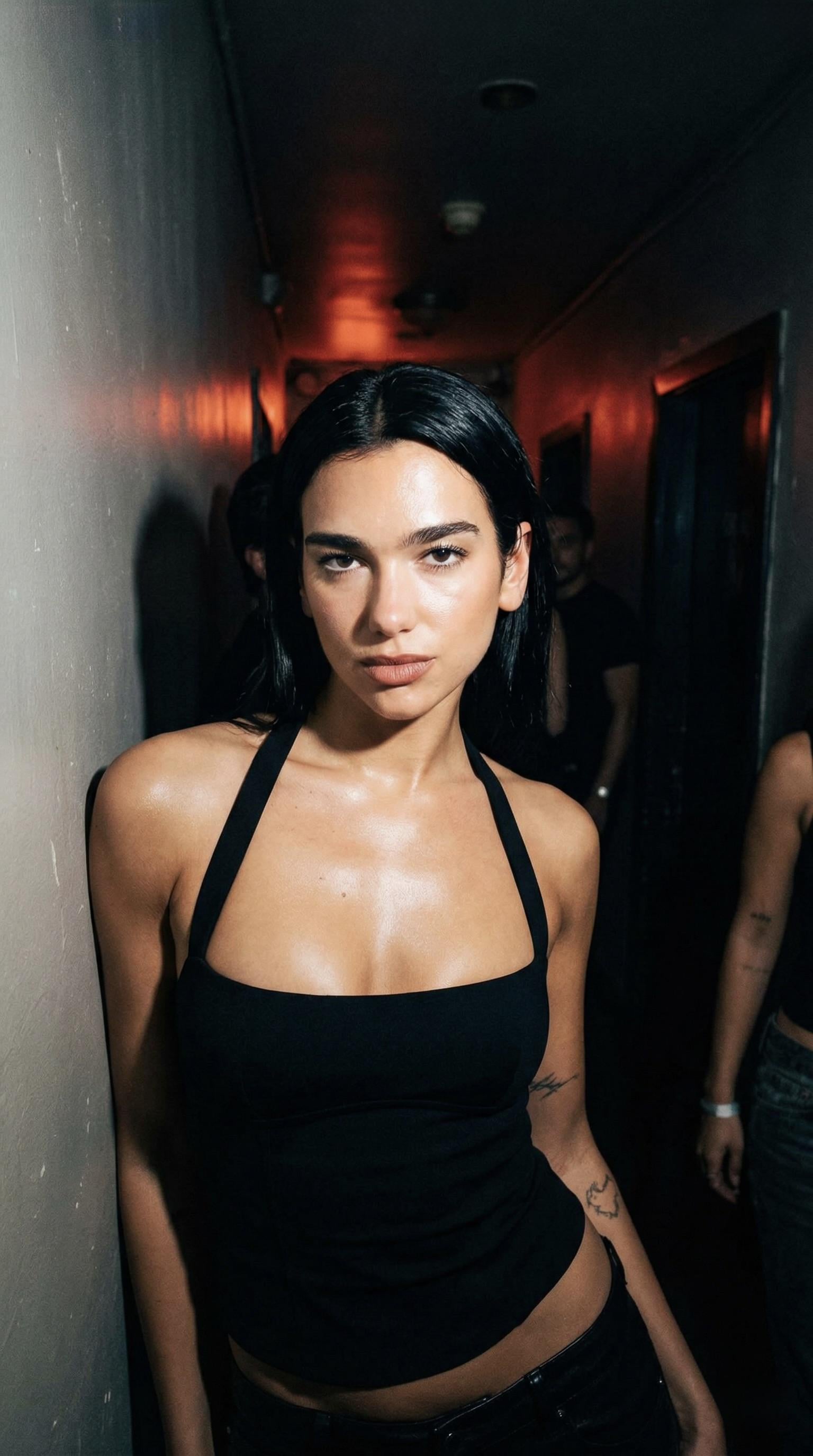 A striking portrait of a confident individual in a dark club hallway, illuminated by an iPhone flash, showcasing deep shadows and glossy skin.