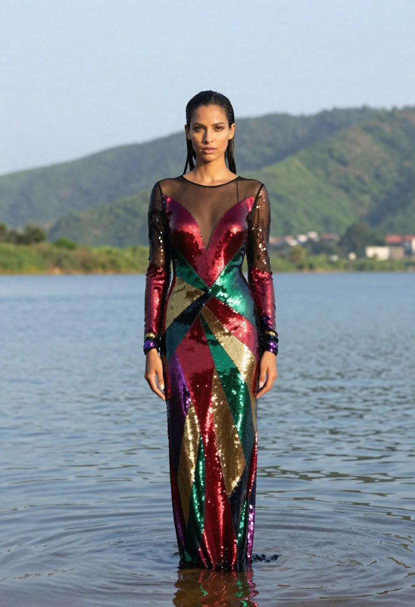 Woman Stands Waist-deep Calm Water Wearing Floor-length Sequined Gown With reference photo