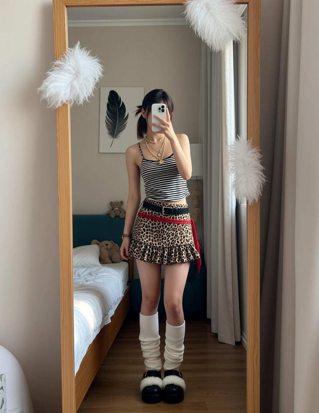 Striped Tank Leopard Skirt Selfie